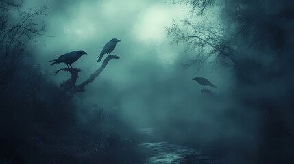 Fototapeta premium In the dead mysterious forest, there are three crows on a dead cliff road at night. This is a scary Halloween concept.