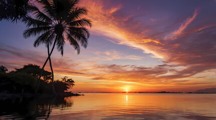 Tropical Sunset with Palm Trees Reflected on Calm Ocean Waters