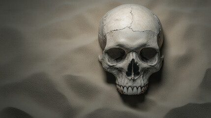 Fototapeta premium Ancient Weathered Skull Half Buried in Sand
