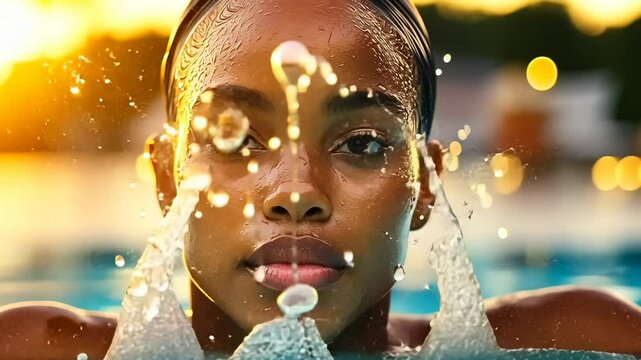 A young Black woman emerges from water at sunset, her gaze intense and serene. The evening light creates a warm, golden glow, enhancing the peaceful yet powerful vibe of this moment.