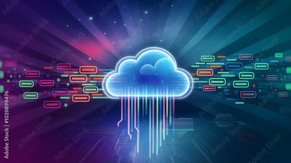 Poster futuristic cloud computing concept with vibrant data streams and digital patterns, representing conn