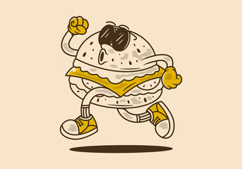 Retro mascot character illustration of jumping burger