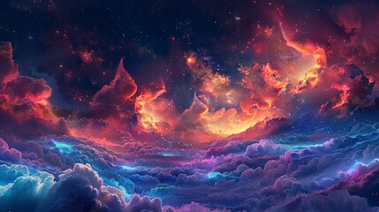 Cosmic Landscape with Red and Blue Clouds and Stars