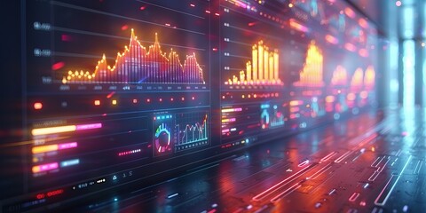 Digital dashboard with colorful data charts and graphs, representing financial analysis