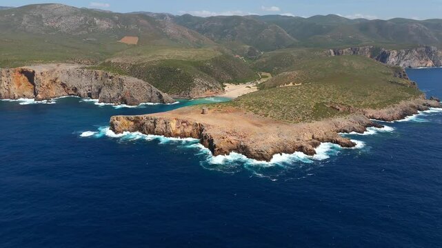 Aerial view on Cala Domestica Beach and landscape around. Sardinia, Italy
