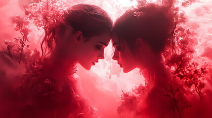 Obraz premium Mysterious Creatures of the Night in Soft Crimson Light - Wide Shot of Enigmatic Surreal Vampires