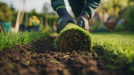 Landscape gardener laying turf for a new lawn.