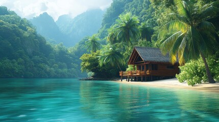 Fototapeta premium Lush tropical paradise, serene beach vibes, dreamy island escape, peaceful cabin retreat, stunning scenic vacation joy