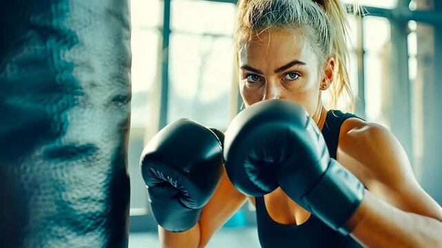 A young Caucasian woman with intense focus wears boxing gloves, training in a gym during the daytime, exuding strength and determination. Her athletic gear complements her fierce expression.