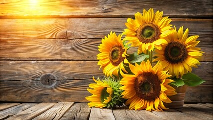 A Rustic Still Life of Bright Yellow Sunflowers in a Wooden Vase Against a Weathered Wooden Background