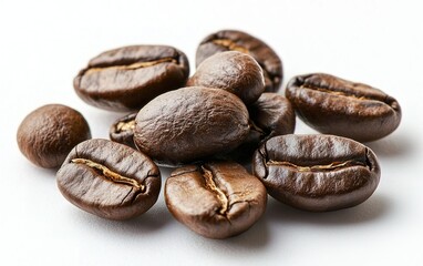 Obraz premium Freshly roasted coffee beans stacked together on a white surface showcasing their deep brown color and unique texture
