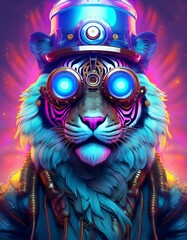 Fototapeta premium Cyberpunk tiger with huge glasses and futuristic steampunk hat in sci-fi dystopia style, high contrast, hyper realistic, fantasy, bright colors, neon, purple, pink, blue