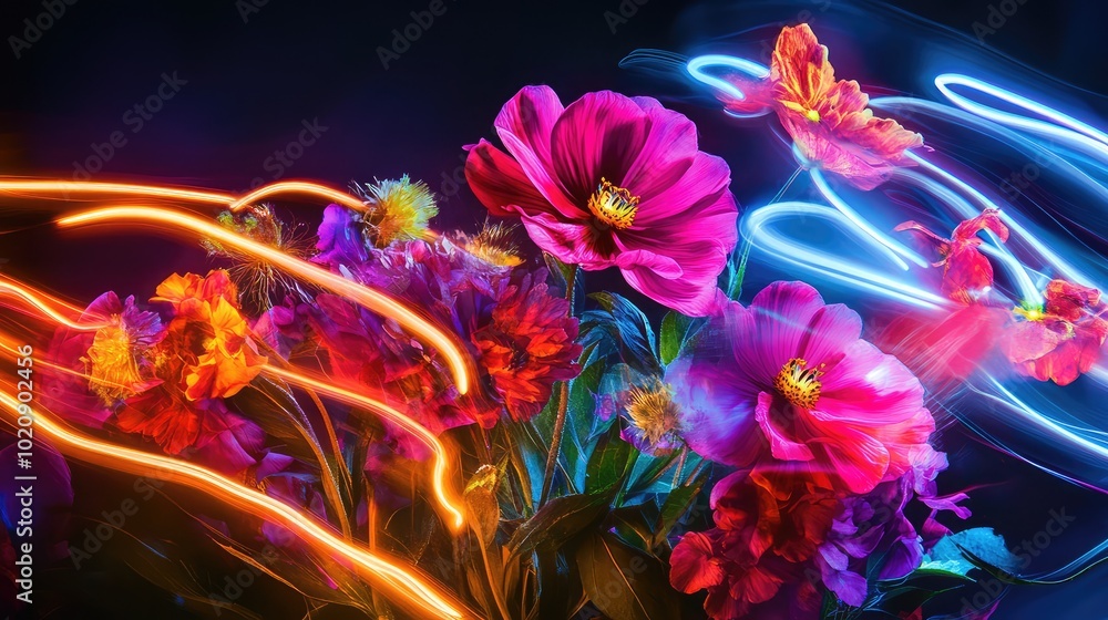 Poster an abstract composition of flowers with flowing neon light trails, blending art and nature in a dyna