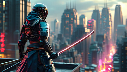 Naklejka premium A futuristic samurai stands on a rooftop, overlooking a neon-lit cityscape, holding a glowing katana