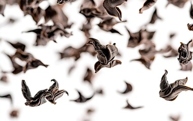Fototapeta premium Floating black tea leaves in mid-air against a white background, showcasing their delicate and curled forms