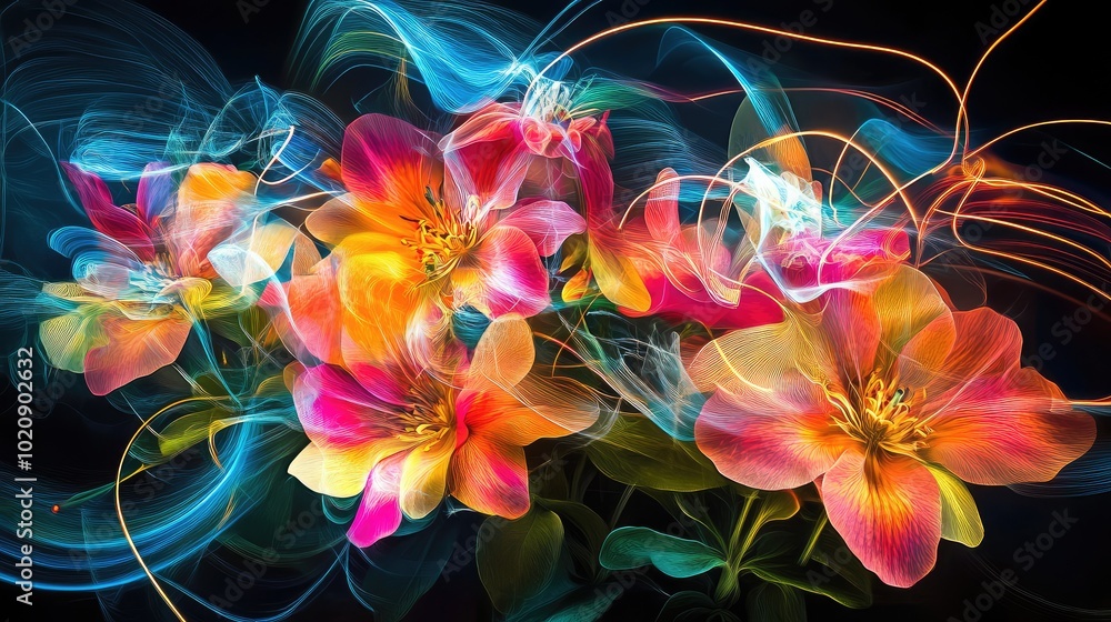 Poster an abstract composition of flowers with flowing neon light trails, blending art and nature in a dyna