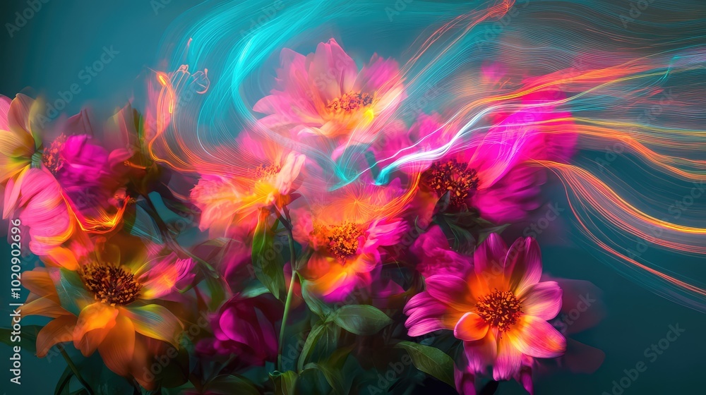 Poster an abstract composition of flowers with flowing neon light trails, blending art and nature in a dyna