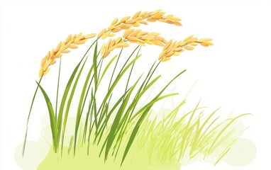 Golden rice plants swaying gently in a lush green field under a bright sun during the harvest season