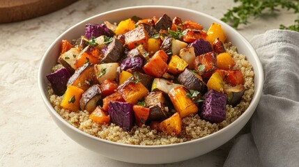 Fototapeta premium Colorful Roasted Vegetable Quinoa Bowl on Rustic Tabletop