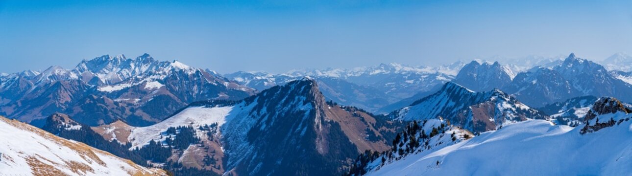 View on winter mpuntains from Rochers-de-Naye peak, Montreux, Alps.