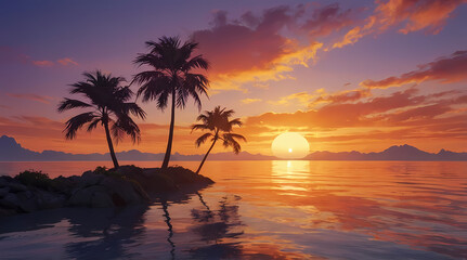 Tropical Sunset with Palm Trees Reflected on Calm Ocean Waters