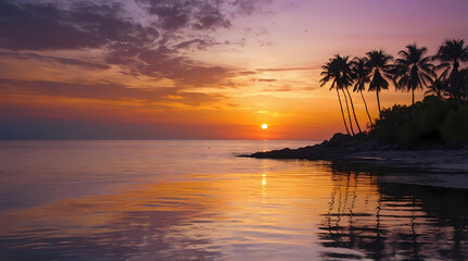 Tropical Sunset with Palm Trees Reflected on Calm Ocean Waters