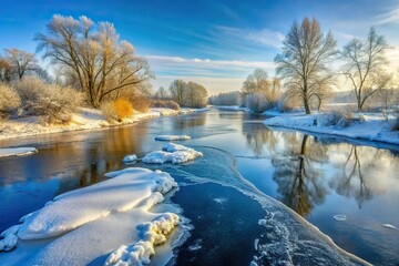 Fototapeta premium Frozen river in winter with ice and snow