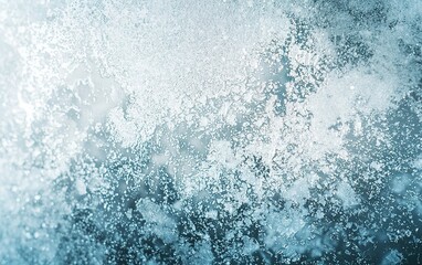 Close-up view of frost and ice crystals forming on a glass surface in winter, creating a beautiful natural pattern on a chilly morning