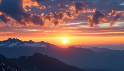 Obraz premium A vibrant sunrise paints the sky above a mountain range, with clouds casting long shadows on the peaks