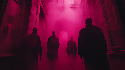Mysterious Creatures of the Night in Soft Crimson Light - Wide Shot of Enigmatic Surreal Vampires