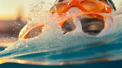 Close-up of a young Caucasian female swimmer wearing orange goggles, her face partially wet, capturing a moment of determination in an outdoor pool at sunset. Reflecting the concepts of athleticism