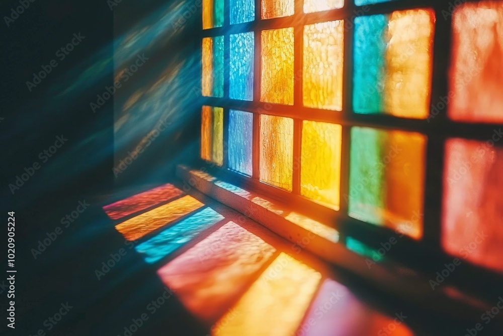 Poster stained glass window casting colorful light patterns on a dark surface