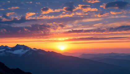 Golden sunrise over a mountain range with snow-capped peaks