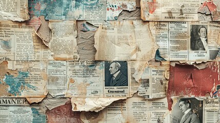 A Wall Covered in Torn and Overlapping Newspaper Advertisements