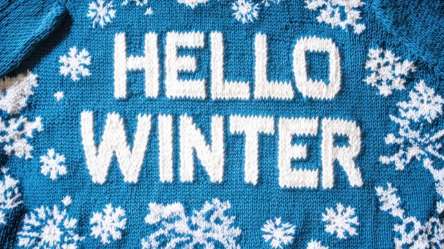 Cozy Winter Greetings: Blue Sweater with White Snowflakes and Text