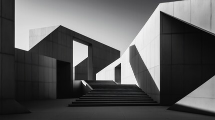 Fototapeta premium Monochromatic architectural design with geometric shapes, open spaces, and strong contrasts of light and shadow.