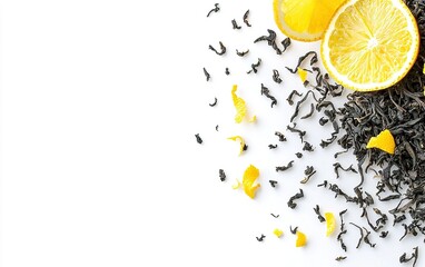 Fresh lemon slices alongside dried black tea leaves and citrus peels, creating an inviting setup for a refreshing beverage