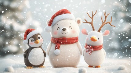 Santa claus and snowman on snow happy Christmas and happy new year day