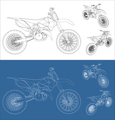 motocross trail motorcycle line art draw blueprint wireframe from all view top corner side back isolated in transparent background
