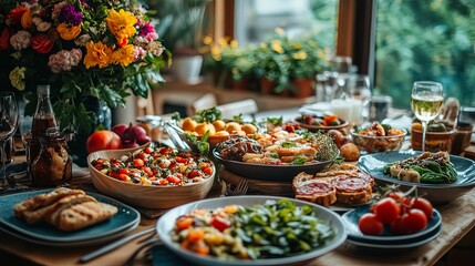 Fototapeta premium A Rustic Table Spread with Various Dishes and Flowers