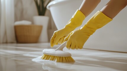 Clean the bathroom with hand.