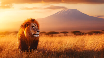 Lion Portrait on Savanna: A portrait of a lion with Mount Kilimanjaro in the background during sunset on the savanna.