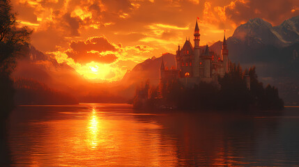 Obraz premium old castle with fantasy sunset