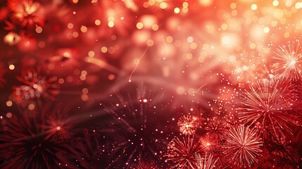 Festive Red Fireworks Display with Sparkling Bokeh Background