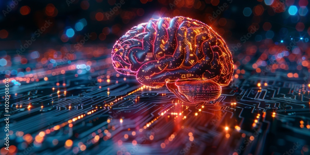 Poster digital brain hologram with glowing circuits on a microchip surface