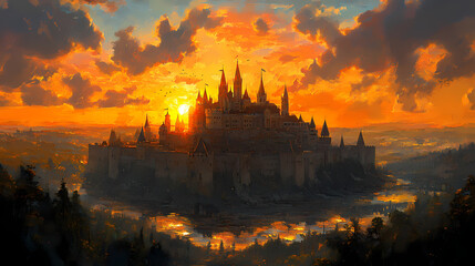 Naklejka premium old castle with fantasy sunset