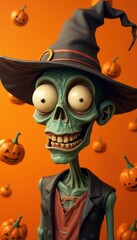 Zombie body with goofy smile wearing witch hat on orange background with pumpkin patterns.