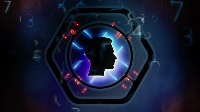 Swirling Numbers around Man Head Icon with Computer Circuits Animation