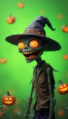 Zombie with wide grin and bugged-out eyes wearing wizard hat on green background with pumpkins.
