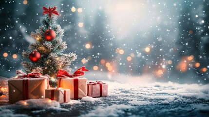 Christmas Tree With Gifts In Snowy Forest